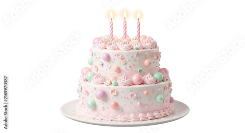 Elegant Three Tier Pink Birthday Cake with Candles and Floral Decorations