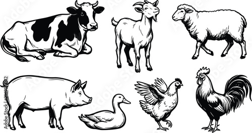 Vintage Hand Drawn Farm Animals Vector Set with Dairy Cow Goat Sheep Pig Duck Hen Chicken and Rooster Cliparts