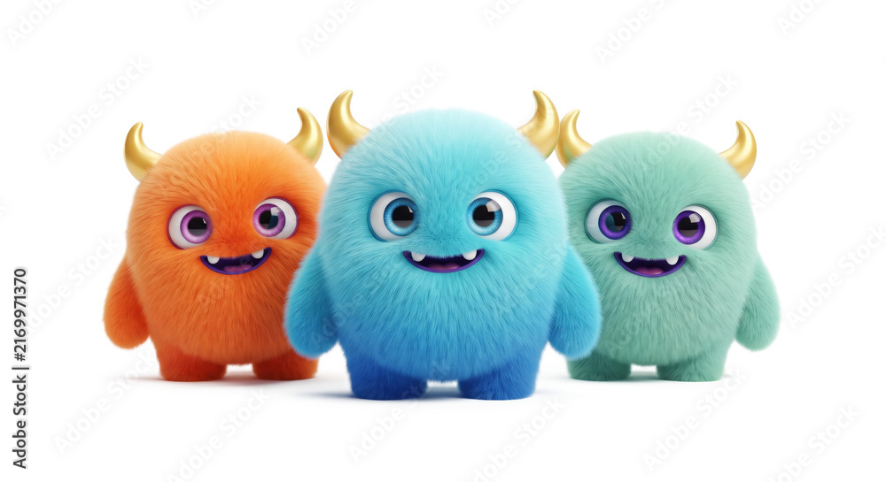 Fototapeta premium Three Cute Colorful Furry Monster Characters Standing Together