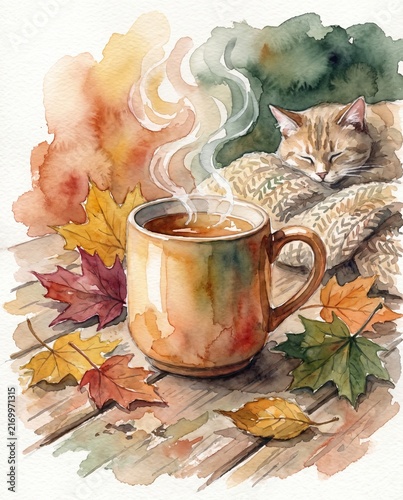 Watercolor steaming cup of tea with autumn leaves and cute sleeping cat on knitted sweater. Cozy seasonal mood with warm palette. Artistic illustration for autumn home comfort theme.