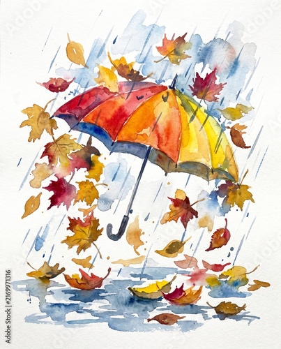 Watercolor umbrella with colorful autumn leaves falling in rain. Artistic illustration of rainy weather mood. Seasonal nature background for greeting card and poster design.