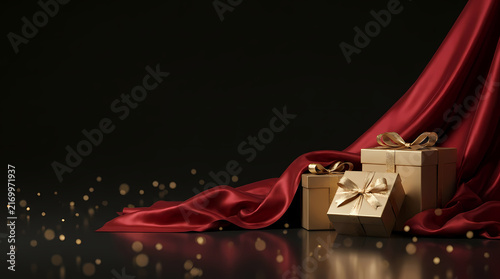 A beautifully wrapped gift box with red silk and gold bows on a dark background