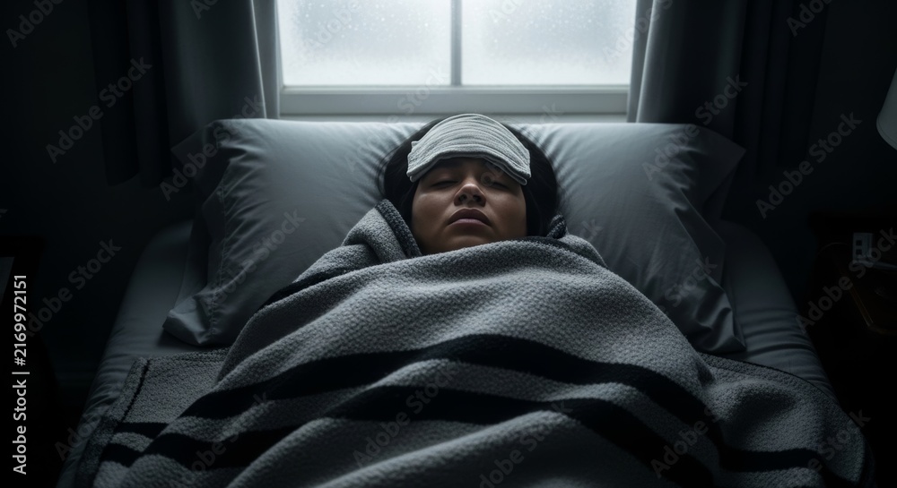 Obraz premium Unwell woman tucked deeply into bed with heavy gray covers and a head compress, suffering from extreme chills and sickness in a dimly lit room.