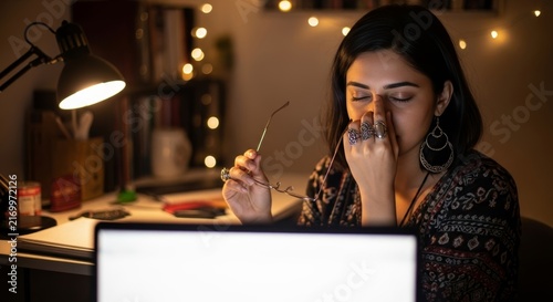Stressed young woman in a dimly lit home office holding eyeglasses, rubbing her strained eyes and nose bridge due to late-night computer screen pain.