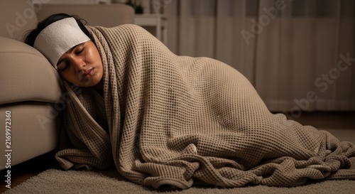 Exhausted sick woman lying on the floor under a heavy beige blanket, wearing a head compress to battle a severe, sweaty viral infection.