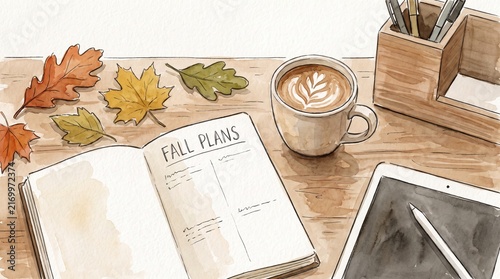 Watercolor workspace with notebook, coffee cup, and fallen leaves on wooden desk. Autumn seasonal planning and organization concept. Cozy atmosphere illustration for study or business desk.