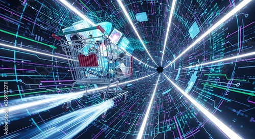 Shopping cart flying through glowing digital tunnel, futuristic cyber look.