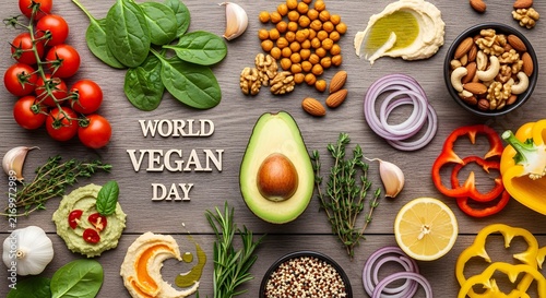 World Vegan Day creative flatlay of plant-based meal ingredients.