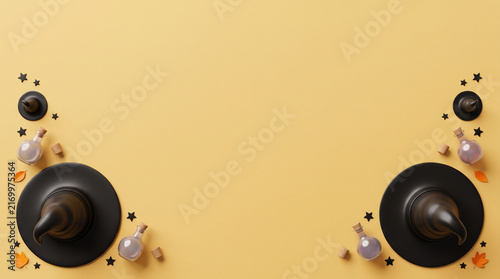 Halloween background with witch hats and potion bottles on yellow paper