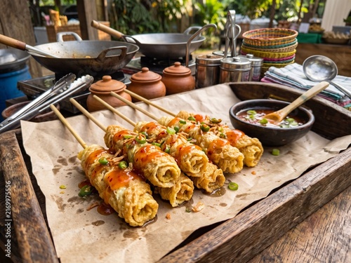 Indonesian Telur Gulung, Rolled Egg Skewers, Traditional Street Food