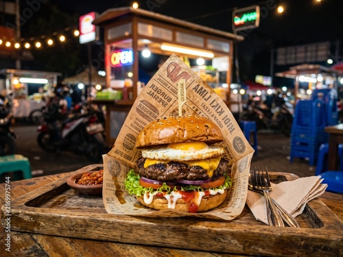 Indonesian Street Cart Burger, Loaded Beef Burger, Street Food