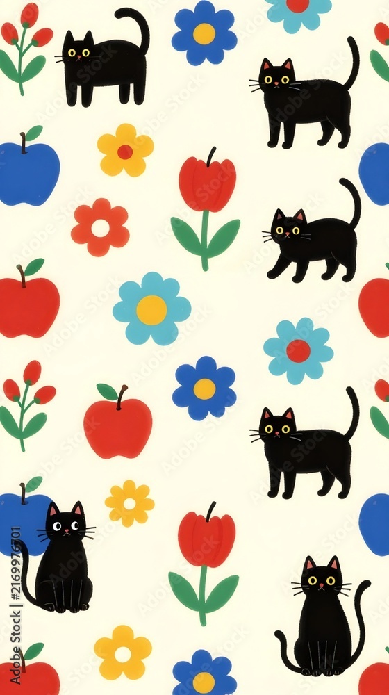Obraz premium seamless pattern with flowers and cats