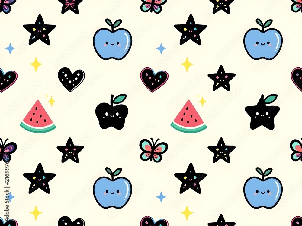 seamless pattern with funny fruits and stars