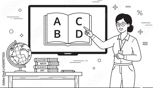 Female teacher pointing at alphabet book on digital screen in classroom