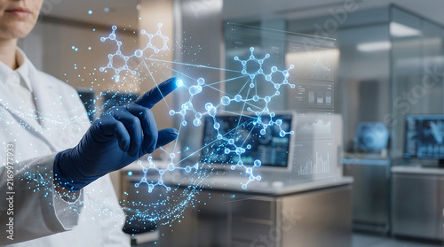 Scientist Analyzing Molecular Data with Futuristic Digital Interface