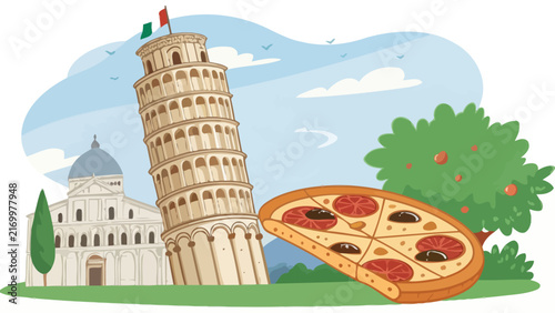 Vector illustration featuring the leaning tower cathedral delicious pizza representing italian culture historic cathedral italian landmark pepperoni pizza italy travel pisa architecture