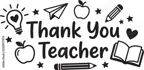 Thank You Teacher typography design with school supplies icons for appreciation cards.