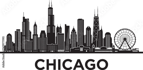 Chicago city skyline silhouette with iconic skyscrapers and ferris wheel vector illustration
