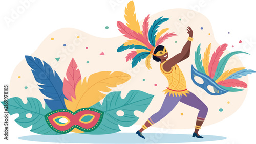 Festive vector illustration of a traditional carnival dancer wearing a colorful feather headdress and mask with carnival costume traditional festival dancing performer tropical leaves parade dance