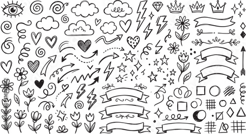 Hand drawn doodle set with hearts, arrows, stars and banners for creative design projects