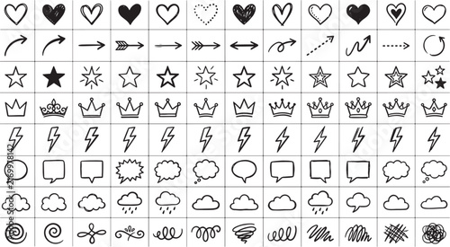 Hand drawn doodle icon set with hearts stars arrows crowns and speech bubbles on white