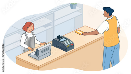 Cashier at the checkout counter helping a customer make a card payment at a retail store with checkout register customer service payment terminal shopping experience point of sale customer