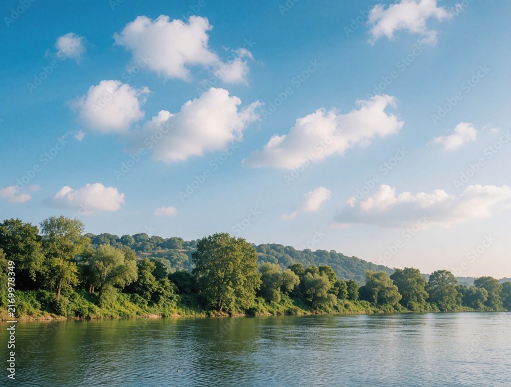 Obraz premium Wide river flows past green trees lining hilly landscape. Blue sky with white clouds sits above calm water. Nature scene offers peace and quiet.