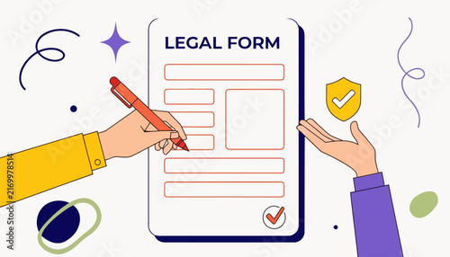 Legal form signing illustration with hands filling document and verified security shield verified check hand writing pen tool agreement contract business law official paperwork corporate docume