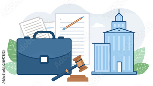 Law and justice business illustration featuring briefcase courthouse building legal documents judge gavel contract papers legal service corporate law attorney profession court system business