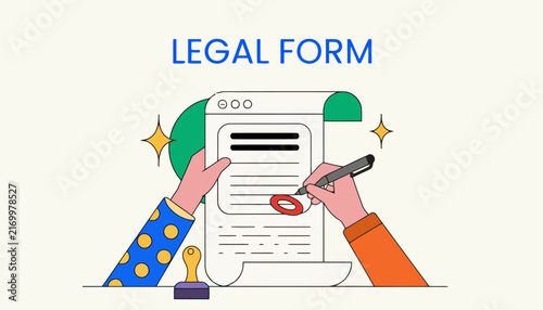 Legal form document filling illustration with hands holding pen and paper stamp document business agreement contract illustration official bureaucracy signature approval certified corporate