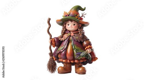 Glossy Halloween forest witch with a crooked hat, wooden broom and herbs in moss green, orange and plum gradients.