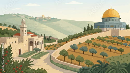 Jerusalem landscape illustration featuring dome of the rock and olive groves middle east holy city jerusalem landscape illustration historic architecture landmark religion destination