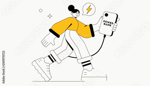 Woman walking while holding a smartphone connected to a power bank with smartphone charging mobile phone charging device battery power portable charger line art electricity technology recharge