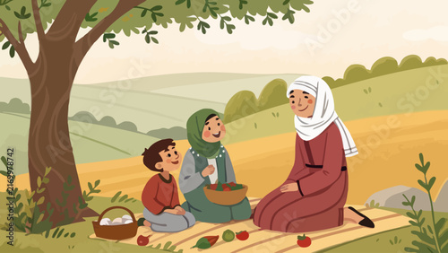 Family having picnic outdoors under tree in countryside landscape illustration with outdoors countryside landscape illustration children daughter relaxation togetherness lifestyle tradition
