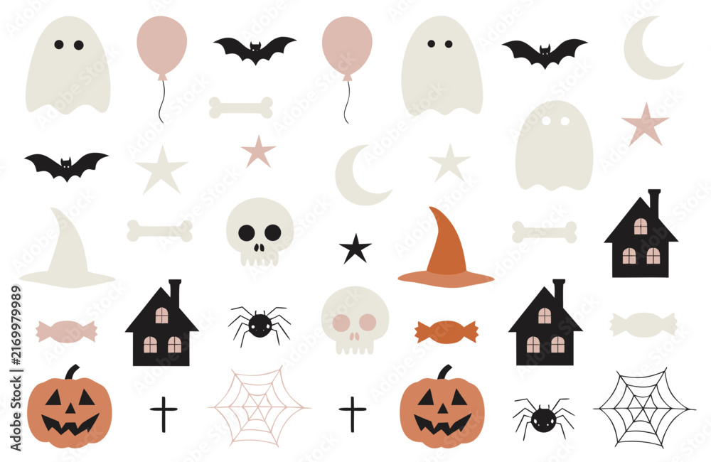 Fototapeta premium Cute Halloween Seamless Pattern with Ghost Pumpkin Bat and Witch Hat-halloween seamless pattern