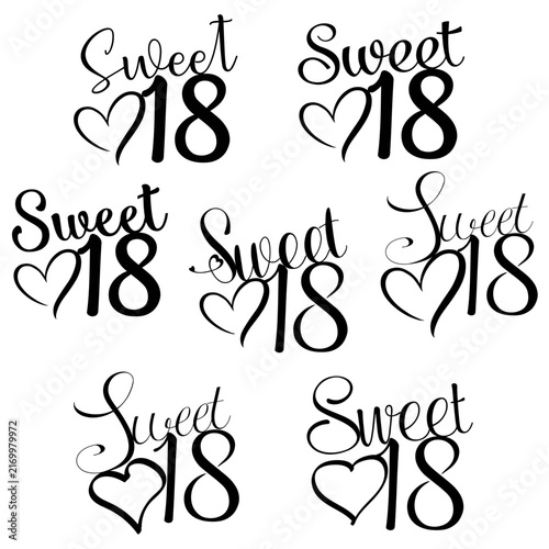 Sweet 18 lettering set, 18th birthday typography collection with hearts