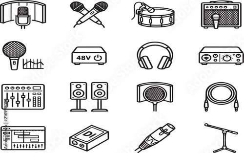 Картината върху платно Music recording studio equipment icons set line style for podcast radio broadcast production