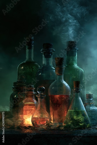Mysterious collection of old glass bottles filled with colorful liquids and smoke