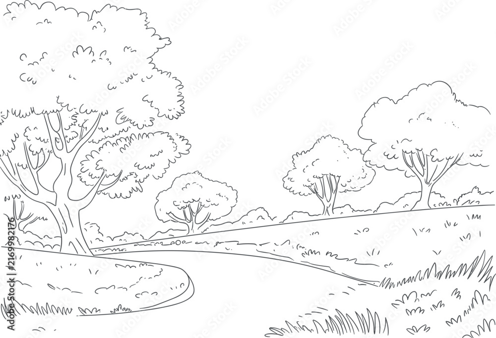 Naklejka premium Park landscape with winding path sketch vector illustration, nature trees meadow outline isolated on white background