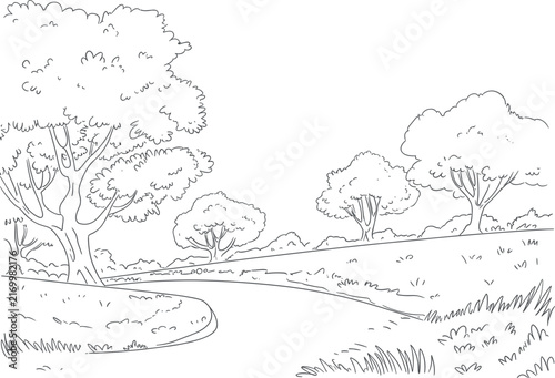 Park landscape with winding path sketch vector illustration, nature trees meadow outline isolated on white background