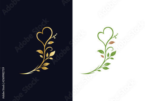 Floral Heart Gold and Green Illustration Set vector editable Design
