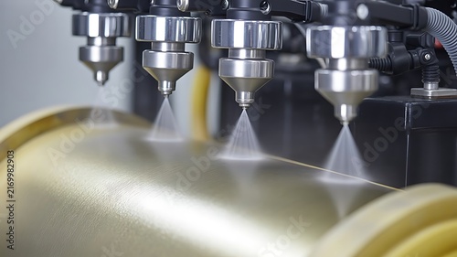 Industrial spray coating process applying golden metallic finish on cylindrical metal parts in a precision automated manufacturing factory line