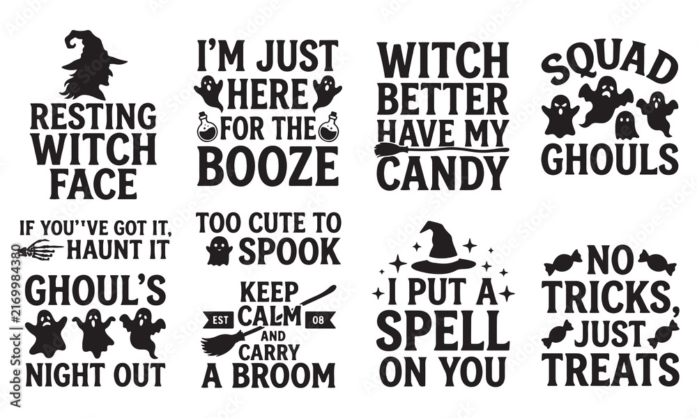 Obraz premium A collection of black and white halloween typography featuring witch hats, ghosts, brooms, candy, and funny holiday quotes for apparel, party decorations, and craft projects