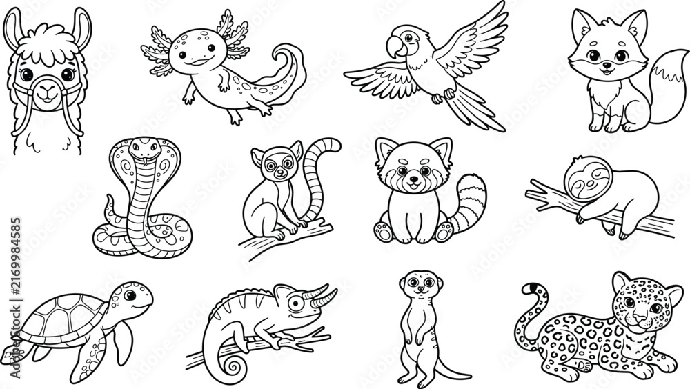 Naklejka premium Cute Tropical and Wild Animals Coloring Book Vector Set with Kawaii Axolotl Sloth Red Panda Chameleon Meerkat and Leopard for Kids Activity Sheets