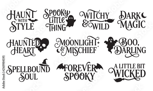 A collection of nine distinct halloween themed typography quotes featuring ghosts, bats, witch hats, and hearts in a black and white style on a white background