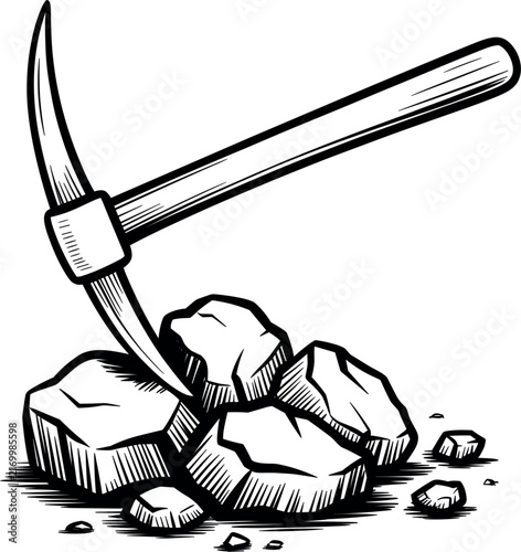 Mining pickaxe and stones sketch vector illustration, vintage mining tool drawing isolated on white background