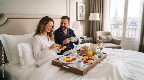 Happy couple eating delicious breakfast tray in bed featuring fresh pastries and coffee with view of Paris city window.