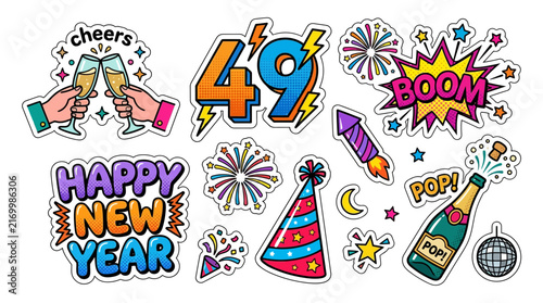 Colorful Celebration Party Sticker Set in Retro Pop Art Style