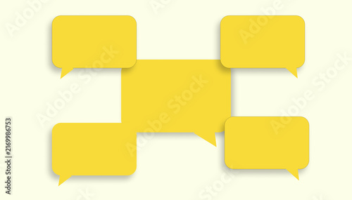 Fotografie Pale yellow background with a large central speech bubble and four smaller surrounding bubbles pointing inward