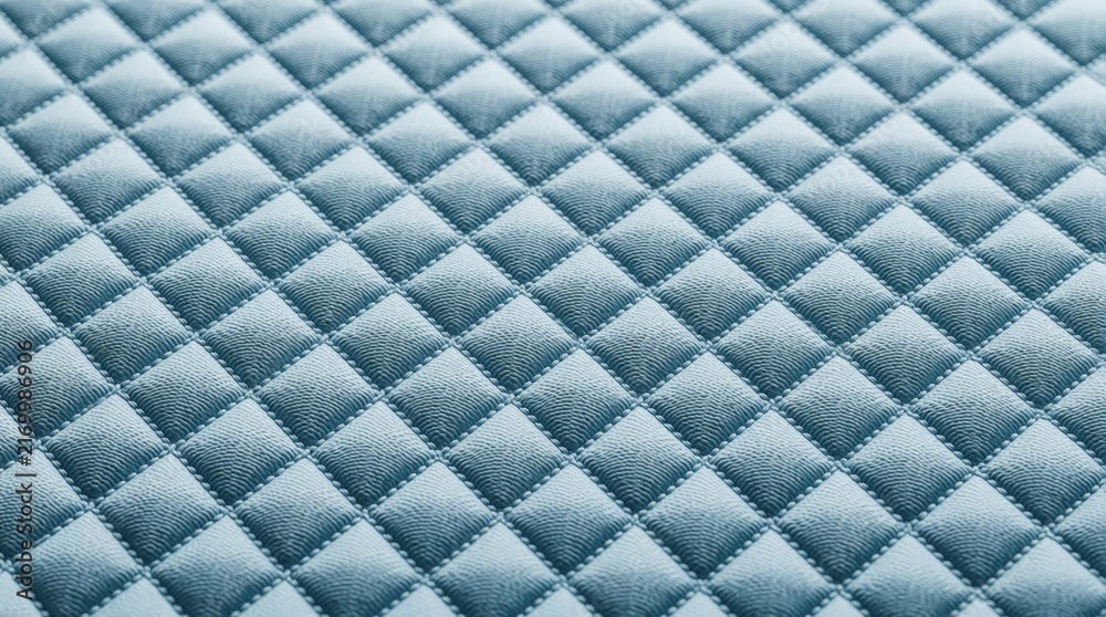 Naklejka premium Close-up of light blue quilted fabric texture. Diamond pattern stitches show fine craftsmanship. Abstract textile background for design. Perfect material for bedding or upholstery.